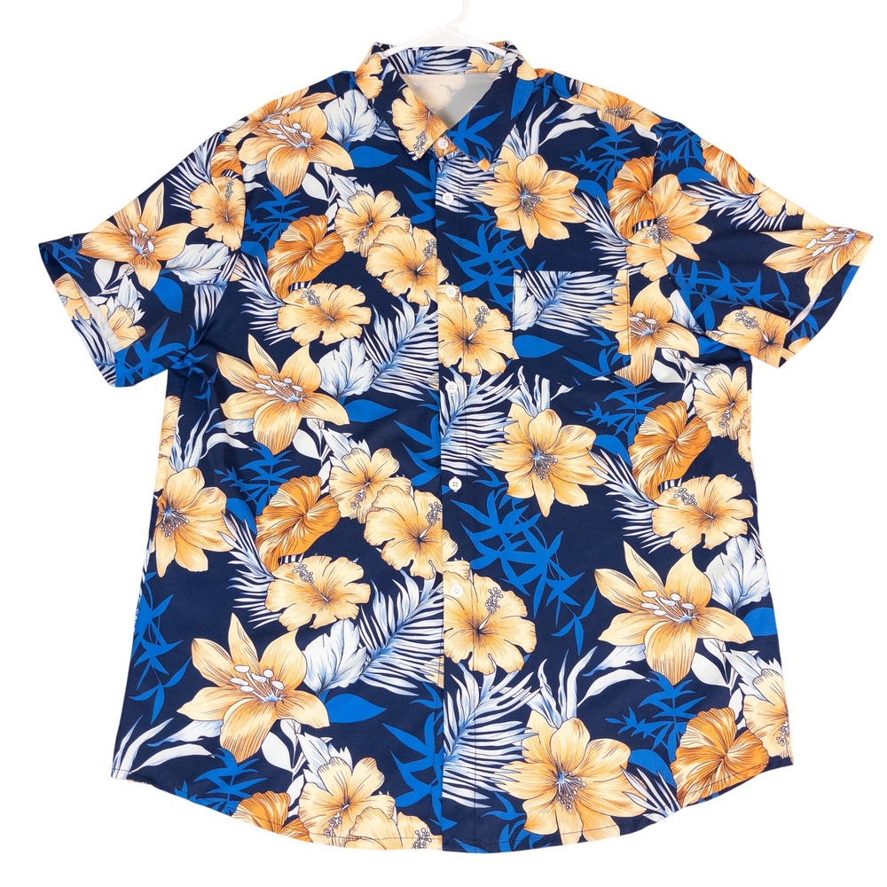 SHEIN Mens XXL Tropical Floral Hibiscus Button Down Shirt Navy Blue Summer